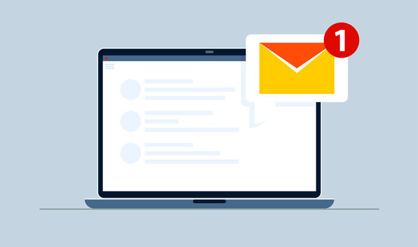 One notification email on notebook. Flat style. Email marketing. Vector