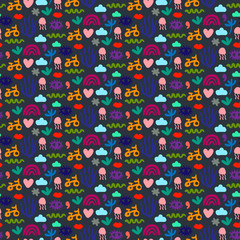 Fototapeta premium Hand drawn seamless pattern with different cool elements cartoon minimalism