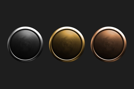 A set of metallic knobs or buttons in silver, gold and bronze colors, on a dark gray background