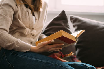 Girl reading a book at home on the couch