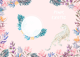 Watercolor exotic circle frame with tropical leaves, flowers and leopard for wedding, invite, birthday card, banner. Isolated illustrarion summer colors on white background. © Anna Terleeva