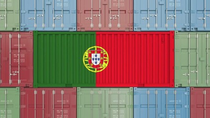 Cargo container with flag of Portugal. Portuguese import or export related 3D animation - Powered by Adobe