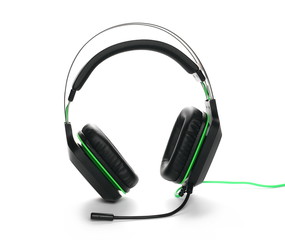 Black gaming headset, headphones with microphone isolated on white background © dule964