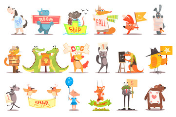 Set of wild animals and domestic pets with various messages. Funny cartoon creatures. Flat vector design for children s book or mobile game