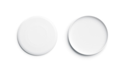 Blank white plastic frisbee mockup, isolated, front and back, 3d rendering. Empty frisbie for throwing mock up, top view. Clear round toy for playing with dog tempalate. - obrazy, fototapety, plakaty