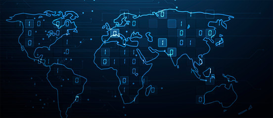 Bytes of binary code run through network. Abstract futuristic technology syberspace