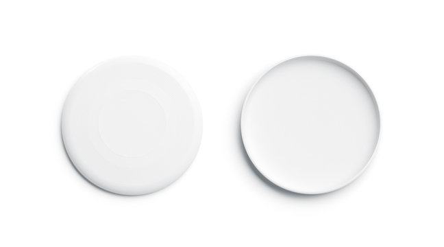Blank white plastic frisbee mockup, isolated, front and back, 3d rendering. Empty frisbie for throwing mock up, top view. Clear round toy for playing with dog tempalate.