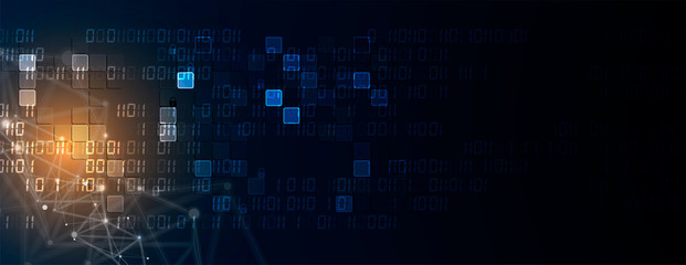 Bytes of binary code run through network. Abstract futuristic technology syberspace