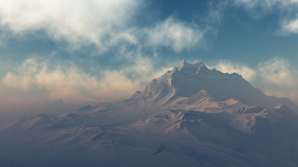 Mountain peak in blue cloudy sky.