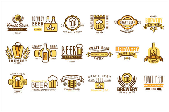 Vector set of vintage beer logos templates. Original linear emblems with colorful fill. Brewing company symbols. Typographic design