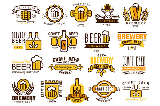 Logos set for brewing company. Vintage linear labels. Emblems with bottles, wheat branches, mugs with beer foam and ribbons. Vector design for pub, bar, brewery or tavern