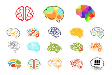 Human brains in various styles. Mind icons set. Elements for logo, web site, app, print, presentation, advertising poster or banner. Colorful vector illustration