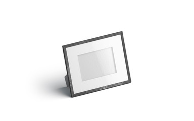 Blank white horizontal table photo frame mockup, isolated, 3d rendering. Empty framework for snapshot mock up, side view. Clear display for family photography template.