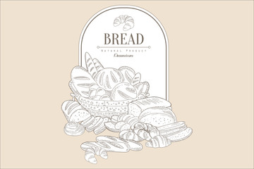 Basket with bakery goods and place for text. Breads, loaves, buns, rolls, croissants, bagels. Hand drawn vector design for bakehouse, grocery store, recipe book