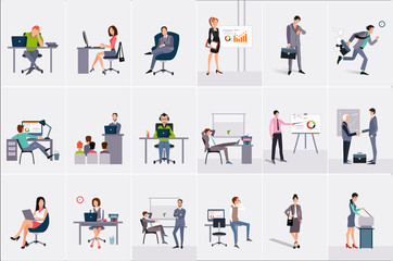 Set with businessmen and businesswomen. Young men and women at workplaces. Business people doing their work. Office workers, clerks and managers. Flat vector design