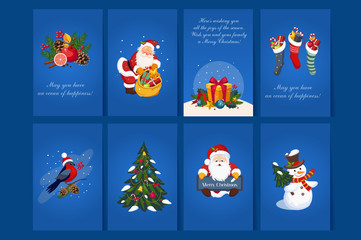 Fototapeta premium Flat vector set of 8 greeting cards with congratulations for Christmas and New Year. Blue postcards with Santa Claus, gift boxes, bullfinch, snowman, holiday tree, socks