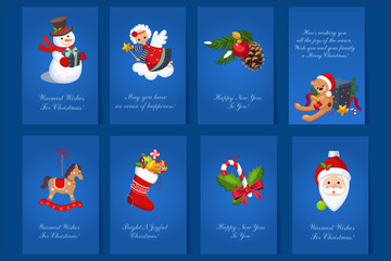 Flat vector set of 8 colorful holiday cards. Blue postcards for Merry Christmas and New Year with snowman, bear with gift box angel, decorative toys, socks with sweets