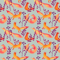 Cute orange red foxes in dark purple forest watercolor seamless pattern on gray green background. Cartoon simple foxes playing, curled, jumping, sitting