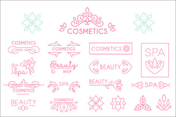 Vector set of linear spa and cosmetics logo templates with natural elements leaves and flowers . Design for product label, beauty shop or salon