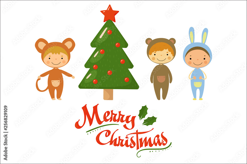 Wall mural Cartoon kids characters in carnival costumes standing near green holiday tree. Merry Christmas theme. Flat vector design for party invitation or greeting card