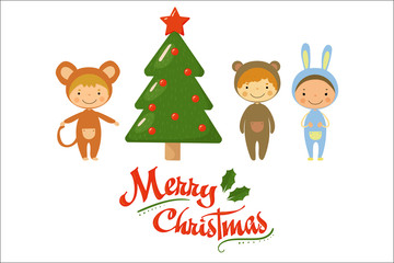 Cartoon kids characters in carnival costumes standing near green holiday tree. Merry Christmas theme. Flat vector design for party invitation or greeting card
