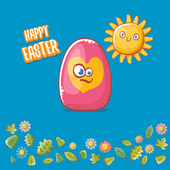Happy easter cartoon greeting card with cute colorful cartoon egg character and sun isolate on blue background with green leaves and spring flowers. Vector Happy easter creative concept illustration