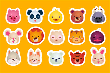 Flat vector set of cute animal faces pig, panda, duck, bear, bull, mouse, fox, cat, wolf, tiger and bunny. Design for sticker or kids print. Funny cartoon characters
