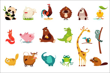 Colorful flat vector set of funny of various animals. Panda, sheep, ram, frog, duckling, rooster, fox, pig, bear, crocodile, giraffe, cat, cow, elephant, frog, beaver, raccoon, parrot
