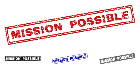 Grunge MISSION POSSIBLE rectangle stamp seals isolated on a white background. Rectangular seals with grunge texture in red, blue, black and grey colors.