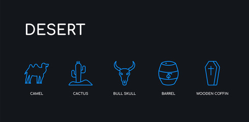 5 outline stroke blue wooden coffin, barrel, bull skull, cactus, camel icons from desert collection on black background. line editable linear thin icons.