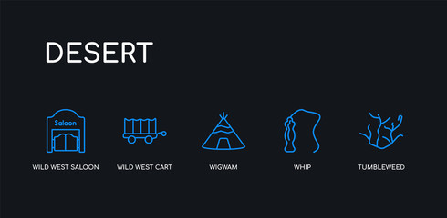 5 outline stroke blue tumbleweed, whip, wigwam, wild west cart, wild west saloon icons from desert collection on black background. line editable linear thin icons.