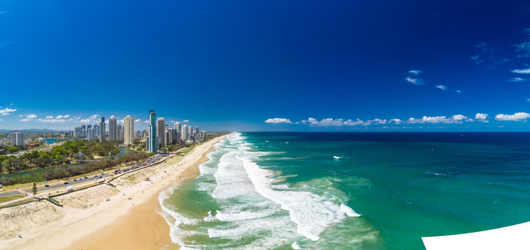 Surfers Paradise beach from aerial drone perspective, Gold Coast, Queensland, Australia