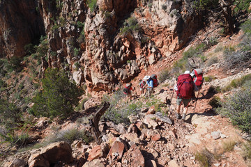 Hikers decend a challenging section of the Grandview Trail in Grand Canyon National Park, Arizona.