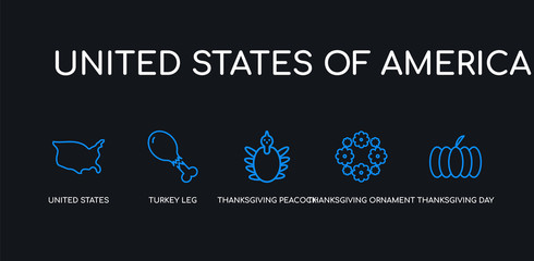 5 outline stroke blue thanksgiving day, thanksgiving ornament, thanksgiving peacock, turkey leg, united states icons from united states of america collection on black background. line editable