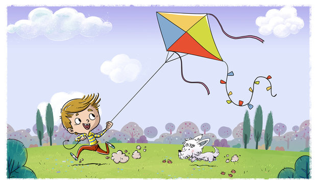 ni&ntilde;o y perro jugando con cometa en el campo