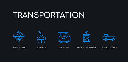 5 outline stroke blue flatbed lorry, funicular railway, golf cart, gondola, hang glider icons from transportation collection on black background. line editable linear thin icons.