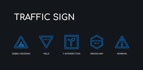 5 outline stroke blue working, wrong way, y intersection, yield, zebra crossing icons from traffic sign collection on black background. line editable linear thin icons.