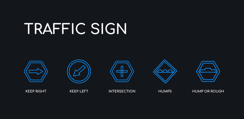5 outline stroke blue hump or rough, humps, intersection, keep left, keep right icons from traffic sign collection on black background. line editable linear thin icons.