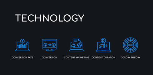 5 outline stroke blue colory theory, content curation, content marketing, conversion, conversion rate optimization icons from technology collection on black background. line editable linear thin