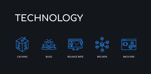 5 outline stroke blue back end, big data, bounce rate, bugs, caching icons from technology collection on black background. line editable linear thin icons. © t-vector-icons