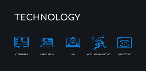 5 outline stroke blue a/b testing, affiliate marketing, api, application, attributes icons from technology collection on black background. line editable linear thin icons.