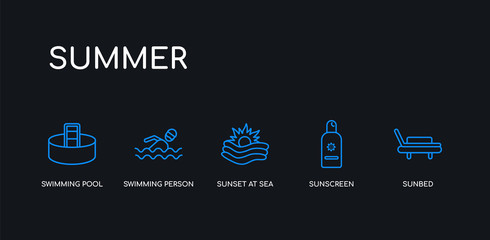 5 outline stroke blue sunbed, sunscreen, sunset at sea, swimming person, swimming pool icons from summer collection on black background. line editable linear thin icons.