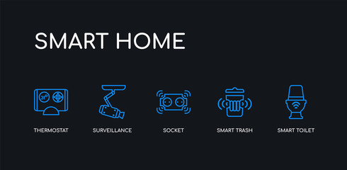 5 outline stroke blue smart toilet, smart trash, socket, surveillance, thermostat icons from smart home collection on black background. line editable linear thin icons.