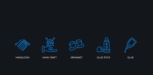 5 outline stroke blue glue, glue stick, grommet, hand craft, handloom icons from sew collection on black background. line editable linear thin icons.