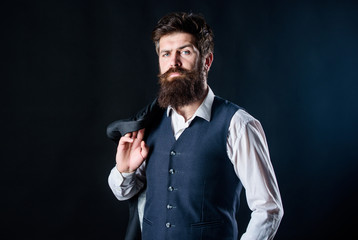Custom made suit. Man bearded hipster wear formal suit with shirt vest and jacket. Elegant custom outfit fashion. Tailoring and clothes design. Custom made to measure. Designing made to measure suit
