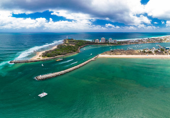Fototapeta premium Drone view of famous Mooloolaba beach and marina