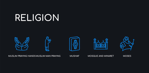 5 outline stroke blue moses, mosque and minaret, mushaf, muslim man praying, muslim praying hands icons from religion collection on black background. line editable linear thin icons.