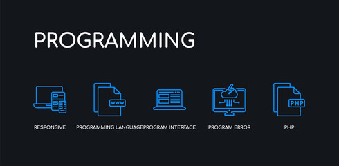 5 outline stroke blue php, program error, program interface, programming language, responsive icons from programming collection on black background. line editable linear thin icons.