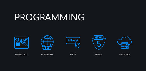 5 outline stroke blue hosting, html5, http, hyperlink, image seo icons from programming collection on black background. line editable linear thin icons.