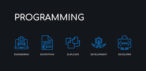 5 outline stroke blue developer, development, duplicate, encryption, engineering icons from programming collection on black background. line editable linear thin icons.